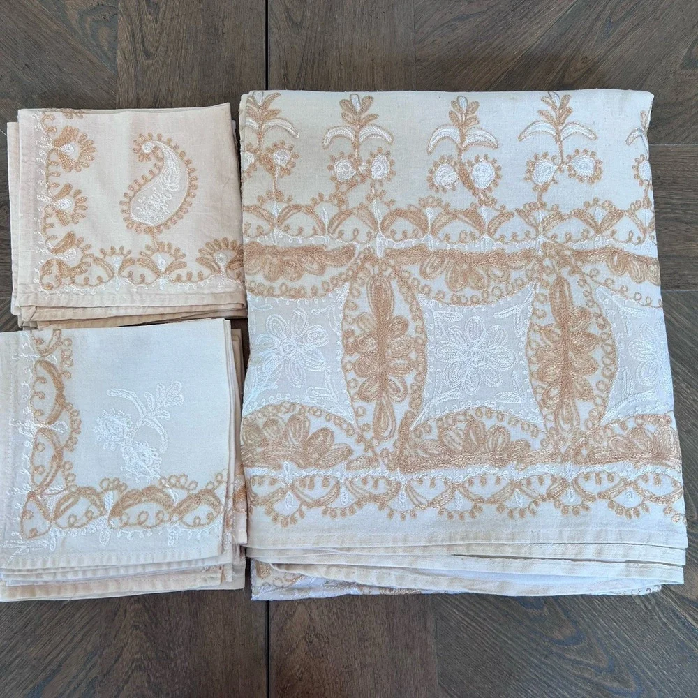 Vintage Aghabani Embroidered Orientalist Cotton Silk Tablecloth/11 Napkins 92x60
